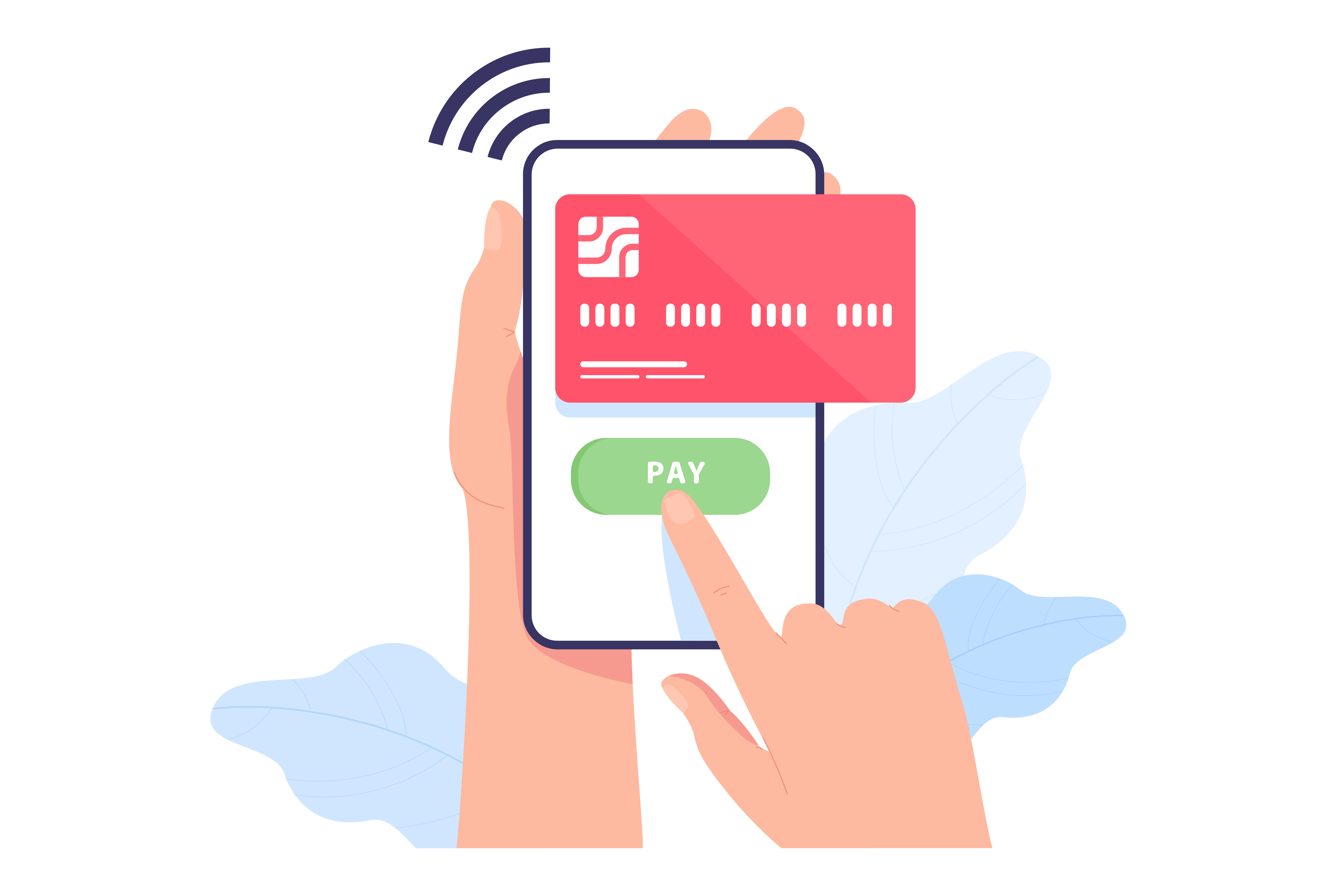 Hand holding phone with credit card on screen. Man making purchase, shopping, paying online using banking app flat vector illustration. Transaction, e-commerce concept
